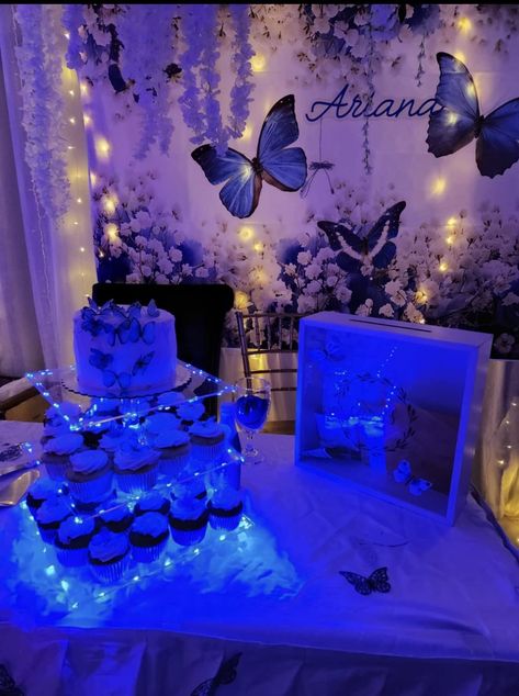 Butterfly Themed Sweet 16 Party, Blue Butterfly Theme, Blue Butterfly Theme Party, Butterfly Themed Quince, Butterfly Quince Theme Blue, Blue Butterfly Themed Birthday Party, Butterfly 15 Theme Blue, Sweet 16 Party Ideas Blue, Blue Butterfly Themed Sweet 16