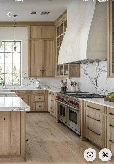 White Oak And Gray Kitchen, White Oak Floors And Cabinets, Transitional Farmhouse Interior, Farmhouse Modern Kitchen Ideas, Kitchen With White Oak Cabinets, Open Face Cabinets, Quarter Sawn White Oak Kitchen Cabinets, White Oak Island Kitchen, Farmhouse Interior Kitchen