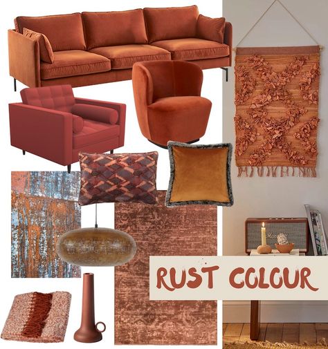 Rich Rust Colour Living Room Ideas Mood Board Rust Chairs Living Room, Rusty Orange Living Room, Rust Wall Living Room, Rust Orange Sofa Living Room, Rust Colored Furniture, Terracotta Sofa Living Room Ideas, Rust Mood Board, Rust Coloured Sofa, Rust Colour Living Room