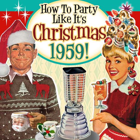 How To Party Like It’s Christmas 1959 - Retro Holiday Party Invitations Christmas In The 50s, Natal, Retro Christmas Cocktail Party, Retro Christmas Party Invitations, 60s Christmas Party, 1950 Christmas Party, Retro Holiday Party, Retro Christmas Party Theme, Vintage Christmas Party Ideas