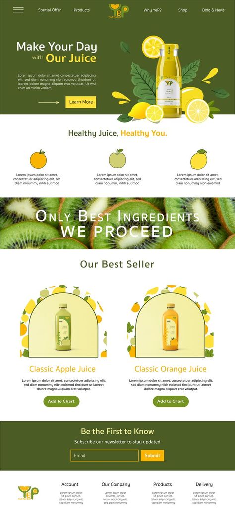 I designed a website layout for a brand that makes and distributes healthy and delicious juice. YEP Juice. Would you like to see the brand identity from this website design? Just click the link. Healthy Website Design, Fruit Juice Brands, Healthy Website, Cafe Logos, Food Website Design, Juice Ad, Food Web Design, Juice Branding, Coffee Shop Logo