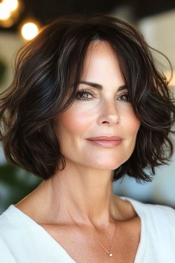 Save this pin for the best short wavy hairstyles for women over 50. Rich espresso brown tones make this wavy bob absolutely stunning. The darker hue adds depth and intensity, while the waves keep it soft and approachable. Balayage, Chin Length Wavy Bob Hairstyles, Sarah Jessica Parker Short Hair, Short Haircuts Middle Part, Haircuts For Medium Length Hair Wavy, Wavy Short Layered Hair, Short Bob Waves, Bob Haircut Wavy Hair, Wavy Medium Hairstyles