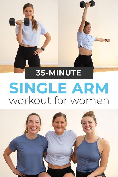 Build strong arms and a sculpted core with this Arm Day unilateral workout! This upper body workout focuses on one arm at a time, allowing you to isolate each muscle and prevent muscle imbalances. This workout targets the biceps, triceps, chest, shoulders, back and core in around 30 minutes. Circuit Workouts, One Arm Workouts, Single Dumbbell Arm Workout, Unilateral Workout, Workout For Strong Arms, Mom Exercise, Workout Arms, Bicep And Tricep Workout, Dumbbell Workouts