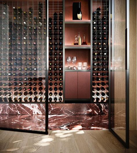 Modernist residences with luxurious interiors by David Flack | Belle Home Wine Bar, Flack Studio, Wine Rack Design, Pinterest Widget, Wine Rooms, Marble Interior, Wine Cave, Home Wine Cellars, Decoration Restaurant