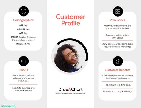 Software Customer Profile Template Visme Customer Profile Template, Persona Profile, Customer Profile, Customer Persona, Profile Template, Interactive Charts, Data Analyst, Powerpoint Design, Understanding Yourself