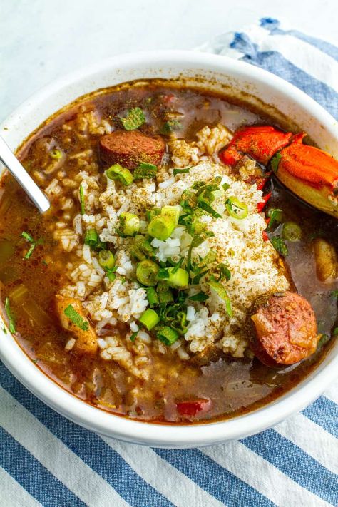 Andouille Sausage Gumbo, Seafood Gumbo Recipe, Gumbo File, Gumbo Recipe Sausage, Chicken Gumbo, Sausage Gumbo, Seafood Gumbo, Gumbo Recipe, Turkey Sausage