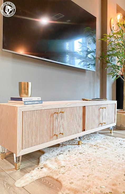 Acrylic Tv Console, Adding Fluting To Cabinet, Pole Wrap Tv Stand, Wooden Dowels On Furniture, Diy Cabinet Paneling, Diy Pole Wrap Furniture, Faux Pole Wrap, Fluted Console Cabinet, Ikea Kallax Media Console