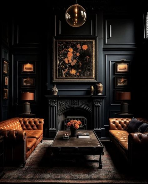 Dark Academia Living Room, Dark Academia Interior, Dark Academia Home, Magick Art, Whiskey Room, Moody Decor, Dark Living Rooms, تصميم داخلي فاخر, Dark Academia Decor