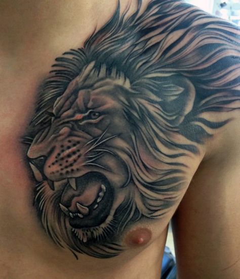 Shaded Black And Grey Ink Design Male Lion Chest Tattoos Lion Tattoos For Guys, Tattoos For Guys Chest, Lion Chest Tattoo, Roaring Lion Tattoo, Tattoo Placements, Lion Tattoo Sleeves, Lion Tattoos, Mens Lion Tattoo, Maori Tattoos