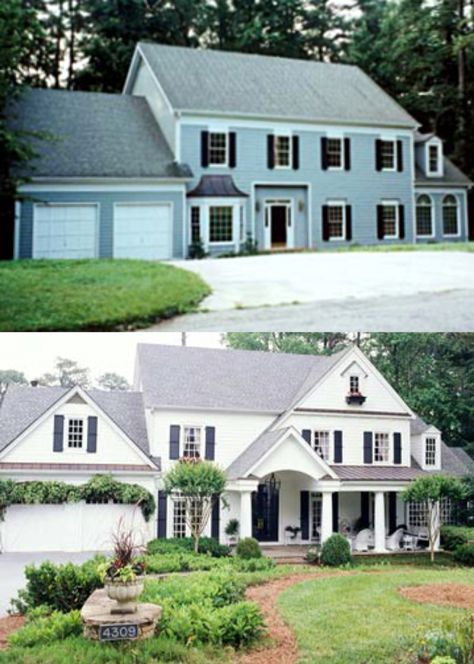 Changes to the facade like expanding the roof, adding adding a porch and fresh paint make this look like a completely different house. The greenery is a lovely touch! Colonial Exterior Remodel, Exterior Transformations, Exterior Remodel Before And After, Front Porch Remodel, Front Porch Addition, Home Remodel Before And After, Colonial House Exteriors, Pool Diy, Small Porch