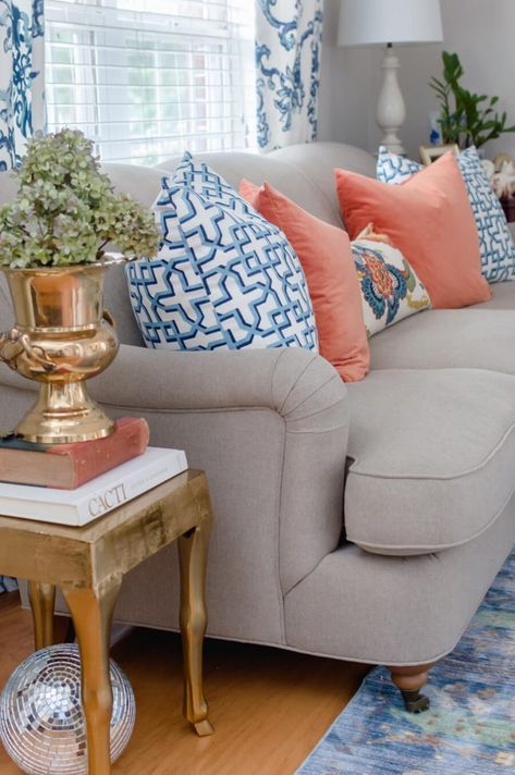 Blue and Orange Fall Home Tour Part 1 {video} - The Home I Create Blue And Orange Living Room, Coral Living Rooms, Orange Fall Decor, Pillows Ideas, Blue Living Room Decor, Fall Home Tour, Living Room Orange, Ideas For Living Room, Orange Decor