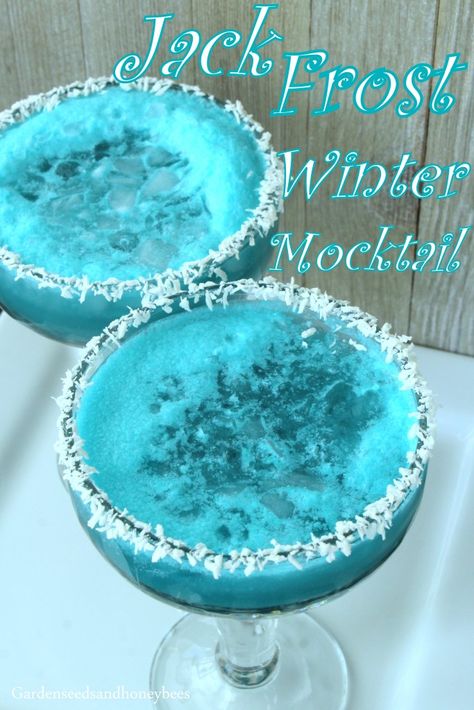 Jack Frost Winter Mocktail - Garden Seeds and Honey Bees Jack Frost Christmas Decorations, Polar Plunge Party Ideas, Blue Mocktails Non Alcoholic, Flannel And Frost Holiday Party, Jack Frost Drink, Winter Mocktail, Winter Mocktails, Sweet 16 Winter Wonderland, Sweet 16 Winter