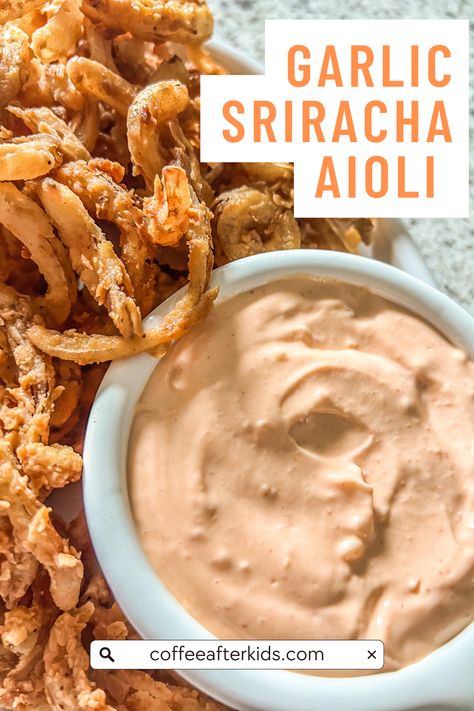 Garlic sriracha aioli is a creamy sauce for burgers and sandwiches. You can also use it as a dip for onion straws, french fries, veggies, and more. Aioli For Fries, Dipping Sauce For Roasted Veggies, Garlic Horseradish Aioli, Aoli Sauce For Fries, Aioli Sauce Recipe For Burgers, Spicy Garlic Aioli, Aioli Sauce Recipe, Garlic Oil Recipe, French Fry Sauce