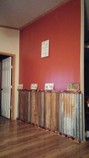 Rustic Farmhouse Living Room Paint Colors Accent Wall, Tin On Walls Ideas, Tin Walls Rustic, Rustic Wainscoting, Tin Wainscoting, Taxidermy Shop, Wall Cladding Interior, Corrugated Metal Wall, Red Accent Wall