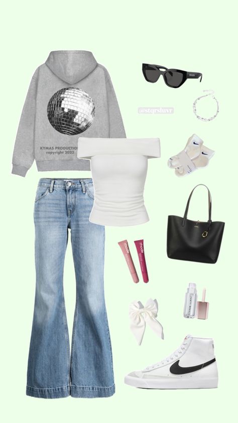 outfit , jeans , hoodie , nike blazer , accesories , rhode , lip balm , bag , bow , styleboard , inspo Stargirl Outfits Aesthetic, Cleangirl Outfit, Stargirl Outfits, Nike Blazer Outfit, Nike Blazers Outfit, Pinterest Wardrobe, Shoe Inspo, Jeans Outfit, Nike Blazer