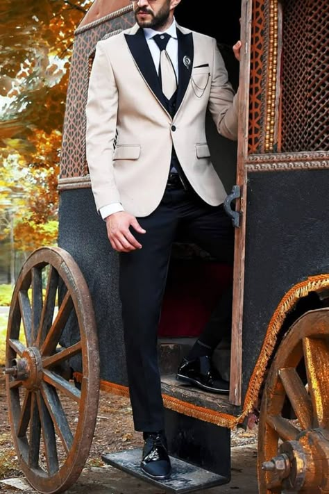 Cream Suit Black Pants Men, Cream And Black Tuxedo Men, Cream And Black Suit, Cream Suit Men Wedding, Cream Suit Men, Beige Tuxedo, Tuxedo For Wedding, Tuxedo Ideas, Hoco 2022