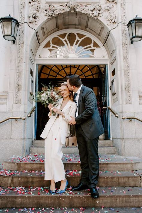 Wedding Dress Town Hall, Bride In Suit Wedding, Self Portrait Wedding Dress, London Civil Wedding, Wedding Town Hall, Town Hall Wedding Photography, London Courthouse Wedding, Chelsea Town Hall, Town Hall Elopement