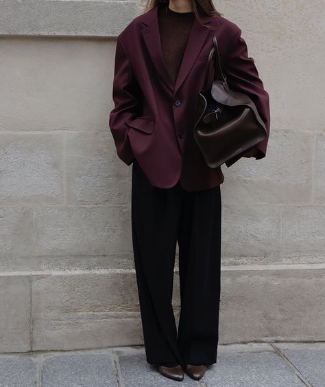 Burgundy — MODEDAMOUR Black And Burgundy Outfit, Bordeaux Aesthetic, The Frankie Shop, Burgundy Clothes, Maroon Blazer Women, Burgundy Outfits For Women, Burgundy Blazer Outfit Woman, Burgundy Outfits, Burgandy Blazer