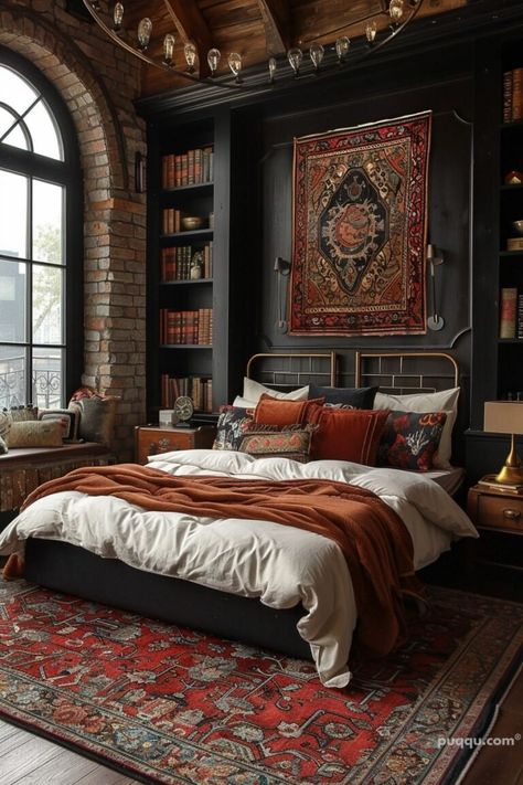 Dark Academia Bedroom Ideas for a Timeless Aesthetic - Puqqu Academia Bedroom Ideas, Masculine Boho Bedroom, Dark Academia Boho, Bedroom Ideas Pictures, Masculine Boho, Dark Academia Bedroom Ideas, Dark Academia Bedroom, Dark Academia Interior, Decor Corner