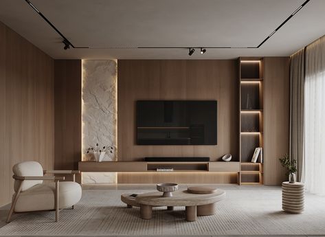 modern living room & kitchen :: Behance Tv Wall Unit Designs, Tv Wall Units, Tv Unit Design Modern, Luxury Villa Design, Modern Luxury Interior, Wall Unit Designs, Wall Tv Unit Design, Wall Units, Tv Wall Unit