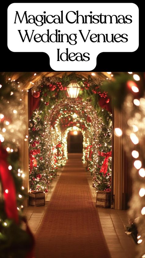 A dreamy Christmas wedding venue with festive décor, twinkling lights, and elegant touches. Christmas Light Wedding Decor, Christmas Beach Wedding Ideas, Winter Wedding With Christmas Trees, Vintage Christmas Wedding Ideas, Romantic Winter Wedding Decor, Rustic Christmas Wedding Ideas, Unique Winter Wedding Ideas, Christmas Wedding Signs, Romantic Winter Wedding Colors