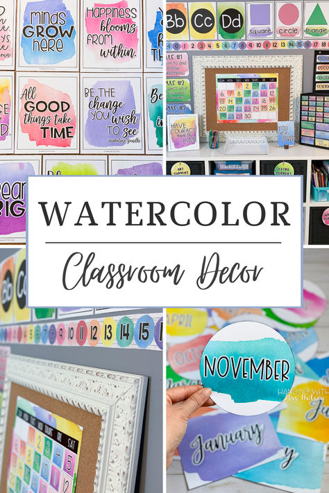 Looking for a Watercolor classroom decor theme? This classroom decor bundle will go perfectly in a watercolor or rainbow themed room! I think it would also look great with any classroom decor!  #watercolor #watercolordecor #watercolorclass #watercolorclassroom #watercolors #rainbowclass #rainbowclassdecor #rainbowclassroom #classdecor #classroomdecor #teaching Watercolor Theme Classroom, Classroom Themes Rainbow, Watercolor Bulletin Board, Class Jobs Display, Watercolor Classroom Decor, Rainbow Themed Room, Rainbow Theme Classroom, Colorful Classroom Decor, Decorating Classroom