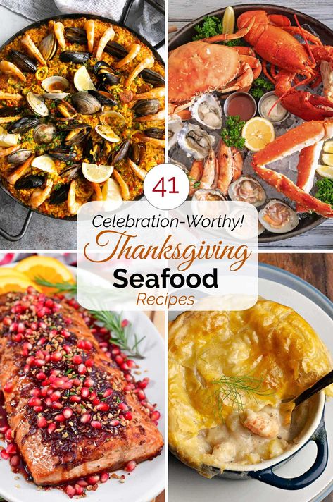 Make this Thanksgiving unique and truly special with celebration-worthy Seafood Recipes! These delicious Thanksgiving seafood ideas are holiday-perfect … whether you're creating an entire seafood-focused feast, or just want to feature seafood in one stand-out course of your Thanksgiving dinner menu! Pretty appetizers, stunning main courses, and even great side dishes - so many to choose from! | Thanksgiving recipes | holiday seafood recipes | holiday fish recipes | www.TwoHealthyKitchens.com Seafood Recipes Thanksgiving, Fish For Thanksgiving, Thanksgiving Recipes Fancy, Fish Thanksgiving Recipes, Unique Holiday Side Dishes, Fall Seafood Dishes, Seafood For Party, Delicious Seafood Dinner Recipes, Seafood Thanksgiving Recipes