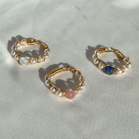 Braided Gemstone and Pear Rings🎀 • • • #wirewrappedjewelry #wirewrappedring #wirewrapping #wirewrappedcrystals #etsyseller #etsysellersofinstagram #etsyhandmade #etsyhandmadejewelry #shopsmall #etsyjewelry Pear Rings, Pearl Ring Gold, Gold Wire Ring, Diy Wire Jewelry Rings, Gold Wrap Ring, Wire Jewelry Rings, Etsy Jewelry Handmade, Diy Beaded Rings, Crystal Bead Jewelry