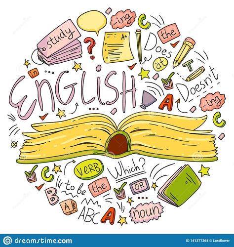 Doodle Art For English Subject, English Language Cover Page, Language Cover Page Aesthetic, Subject Design Notebook English, English Club Logo Design, English Subject Cover Page, English Project Aesthetic, English Logo Schools, Language Cover Page