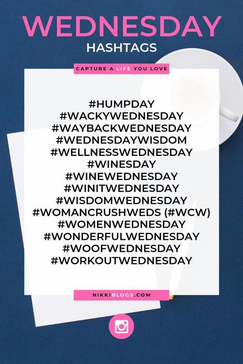 Are you ready for Wednesday? Save this list of social media hashtags to your favourite pin board and don't ever be out of the loop again. Click here to find out how to use every single one of these hashtags to grow your following, increase engagement, and expand your reach seven days a week! That's right! You'll find hashtags for every single day of the week and learn exactly how to use them with this guide. Keep reading to learn more and grow your brand t Wednesday Instagram Posts, Wednesday Social Media Posts, Wednesday Hashtags, Adulting Memes, Wednesday Posts, Social Media Hashtags, Social Media List, Instagram Marketing Tips, Social Media Planner