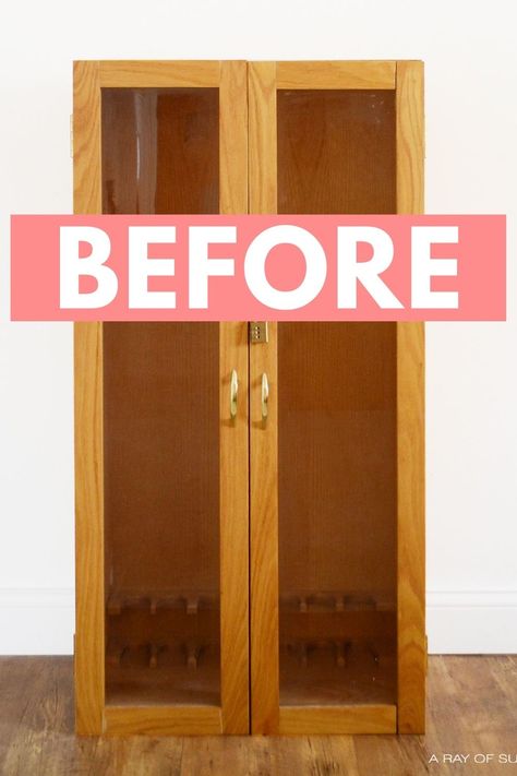 Refurbished Cabinets Diy, Two Door Cabinet Makeover, How To Add Shelves To A Cabinet, Hall Cabinet Makeover, Pine Cabinet Makeover, Add Shelves To Cabinet, Flipped Cabinet, Small Cabinet Makeover, Painting A Cabinet