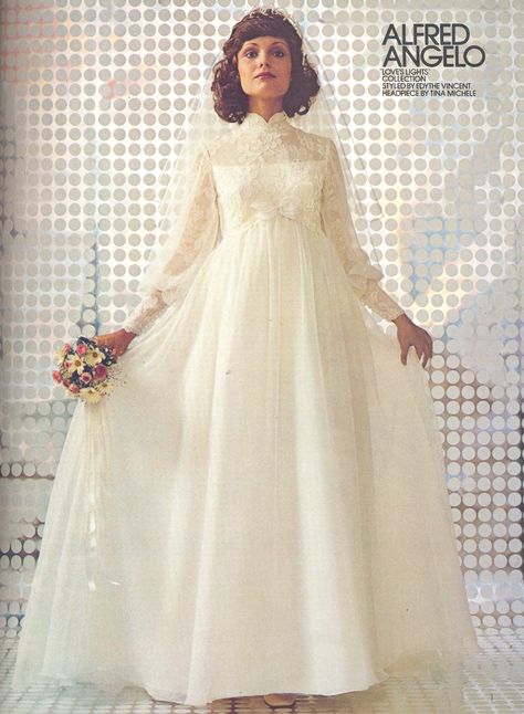 An Alfred Angelo original styled by Edythe Vincent-February 1973 1975 Wedding Dresses, 1977 Wedding Dresses, Wedding Dresses From 1986, 1974 Alfred Angelo Wedding Dresses, Alfred Angelo Wedding Dress, 1970s Wedding Dress, Bridal Gowns Vintage, Vintage Wedding Photos, Vintage Style Wedding