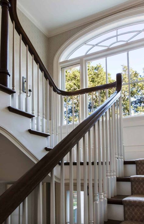 Tour a colonial revival farmhouse with traditional Southern charm Colonial Revival House, Decoration Hall, Southern Colonial, Traditional Staircase, Vintage Porch, Colonial Farmhouse, White Tile Backsplash, Stair Landing, Traditional Colonial