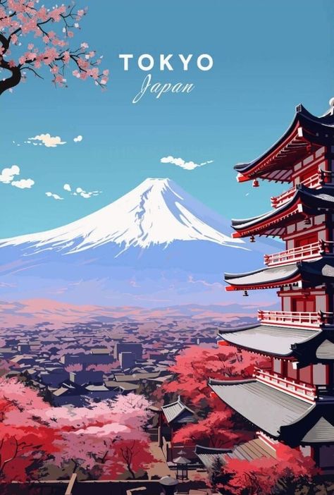 Travel In Japan Aesthetic, Tokyo Poster Vintage, Japan Aesthetic Illustration, Tokyo Poster Design, Tokyo Travel Poster, Tokyo Illustration, Tokyo Wallpaper, Japan Travel Poster, Gunung Fuji