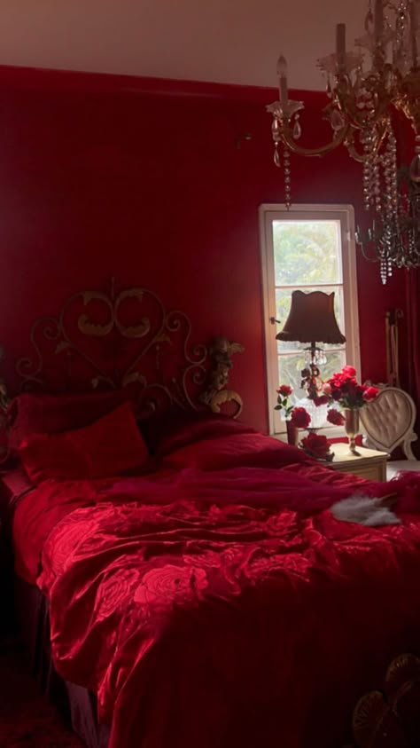 Red Princess Bedroom, Red Bedroom Aesthetic Cozy, Red Bedroom Aesthetic Grunge, Burgundy Bedroom Aesthetic, Red Y2k Room, The Love Witch Bedroom, Red Themed Bedroom Aesthetic, Dark Red Aesthetic Room, Red Romantic Bedroom