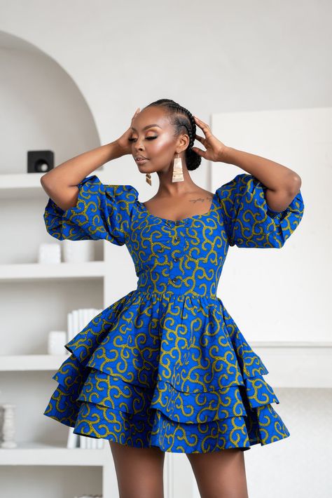 Short Dresses African Style, Cute Traditional Dresses, Ladies Short Dresses Style, Long Sleeve Traditional Dress, Long Sleeve African Print Dress, Cute Kitenge Dress Designs, African Dress For Teens, African Pagne Dress, African Fabric Dress Designs