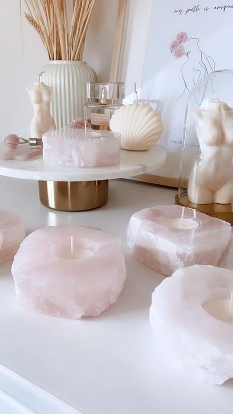 Rose quartz tea light candle holder with polished top. You will receive the exact holder you choose from the pictures. Perfect for crystal lovers, use it to create beautiful ambience, in your meditation practice, as a luxurious home decor or as a meaningful gift. Comes with a crystal meaning card. These candle holders are made of genuine rose quartz with small stickers on bottom to protect any surface you choose to put it on. Please do not burn candles unattended.  Dimensions (approx): H: 3-4.5 cm D: 10-12 cm Weight: 580 - 720 g Tea light max diameter: 4 cm ☽ r o s e ￮ q u a r t z Rose quartz is believed to be the stone of Universal Love. It carries a soft feminine energy of love and compassion, healing and acceptance, nourishment and comfort.  It is known for: ♡ opening the heart for love Rose Quartz Home Decor, Crystal Corner Decor, Candles And Crystals Aesthetic, Rose Quartz Decor, Rose Quartz Candle Holder, Rose Quartz Candle, Healing Crystals Decor, Quartz Candle, Quartz Candle Holder