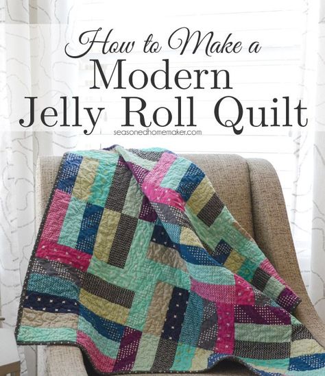 Some quilts are so easy to make. I made this quilt by using a Jelly Roll and following an easy video tutorial. I'm giving away one jelly roll so you can make this quilt, too. #seasonedhome Simple Jelly Roll Quilt, Jelly Roll Quilt, Jelly Roll Patterns, Jelly Roll Quilt Patterns, Fat Quarter Quilt, Beginner Quilt Patterns, Jellyroll Quilts, Sewing Tutorials Free, Precut Quilts