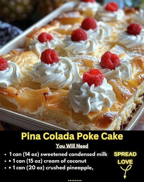 Pina Colada Poke Cake Recipe Pina Colada Cake Recipe Easy, Pina Colada Pound Cake Recipe, Pina Colada Poke Cake Recipe, Pina Colada Cake Recipe, Pina Colada Poke Cake, Easy Cooking Ideas, Pina Colada Cake, Poke Cake Recipe, Poke Cake Recipes