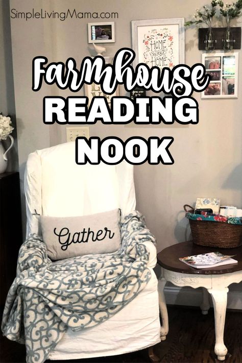 Farmhouse Reading Nook Cozy Corner, Farmhouse Sitting Room Ideas, Small Sitting Room Ideas Cozy Corner, Farmhouse Reading Corner, Farmhouse Sitting Area, Farmhouse Reading Nook, Small Sitting Room Ideas Cozy, Book Nook Chair, Farmhouse Sitting Room