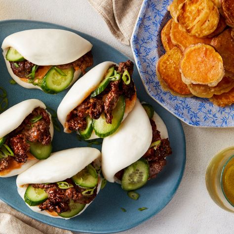 Korean Beef Steam Buns with Sweet Potato Tempura & Spicy Mayonnaise Korean Beef Bao Buns, Beef Bao, Potato Bun Recipe, Sweet Potato Tempura, Steam Buns, Korean Sweet Potato, Farm Recipes, Red Pepper Paste, Bean Sauce