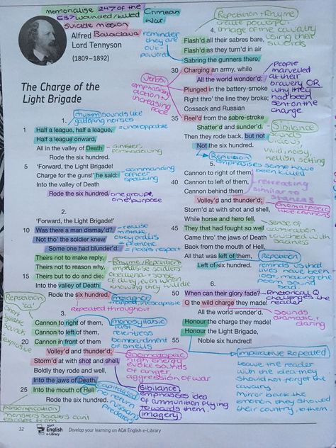 AQA GCSE English Literature poem - The Charge Of The Light Brigade analysis The Charge Of The Light Brigade Poem, Revision Notes English Literature, Gcse English Poem Analysis, Charge Of The Light Brigade Annotations, Charge Of The Light Brigade Poem Analysis, The Charge Of The Light Brigade, Gcse Revision Notes English Poems, Gcse English Literature Poetry, Charge Of The Light Brigade Analysis