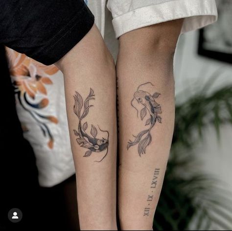 Japanese Sibling Tattoos, Asian Matching Tattoo, Coi Fish Matching Tattoo, Matching Tattoos Koi Fish, Couples Koi Fish Tattoos, Matching Coi Fish Tattoos Ideas, Koi Fish Matching Tattoo, Brother And Sister Matching Tattoos, Matching Koi Fish Tattoo