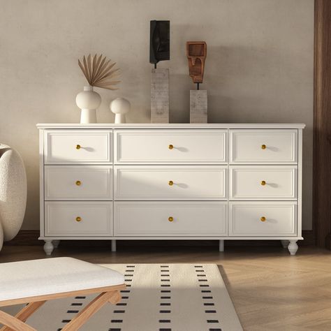 Darby Home Co Deepraj 9 - Drawer Dresser | Wayfair 9 Dresser Drawer, White Six Drawer Dresser, Bedroom Dresser Drawers, Nursery Dresser White, Matching Dresser And Nightstand, Colored Dressers Bedroom, Boho Bedroom Dresser Decor, 80s Dresser Makeover, White Dressers Bedroom