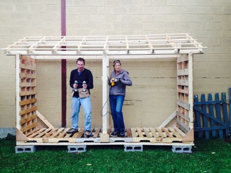 First pallet project!!! Building A Wood Shed, Firewood Storage Outdoor, Backyard Patio Furniture, Diy Wood Pallet Projects, Pallet Shed, Firewood Shed, Pallet Project, Wood Store, Pallet Designs