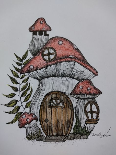 Mushroom Fairy House Painting, Mushrooms House Drawing, Cool Drawings Colorful, Snail House Drawing, Mushroom House Sketch, Mushroom House Painting, Mushroom House Art, Mushroom House Drawing, Fairy House Drawing