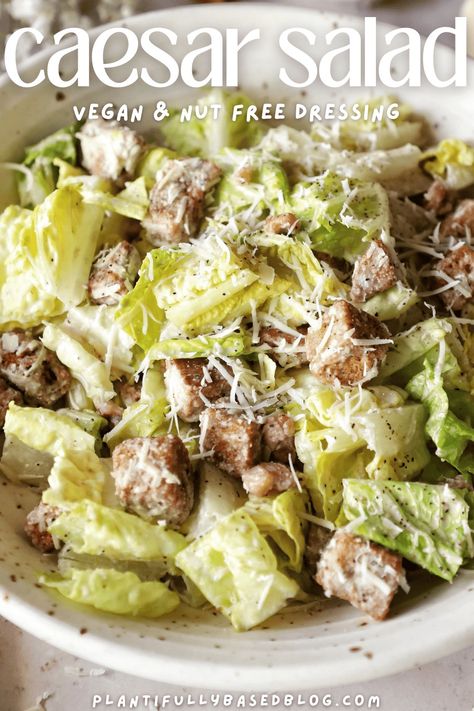 Vegan Caesar Salad (Nut Free Dressing) - Plantifully Based Vegan Ceasar Salad Dressing, Caesar Salad Dressing Recipe, Vegan Caesar Dressing, Vegan Caesar Salad, Vegan Caesar, Vegan Salad Dressing, Vegan Recipes Plant Based, Recipes Plant Based, Caesar Salad Dressing