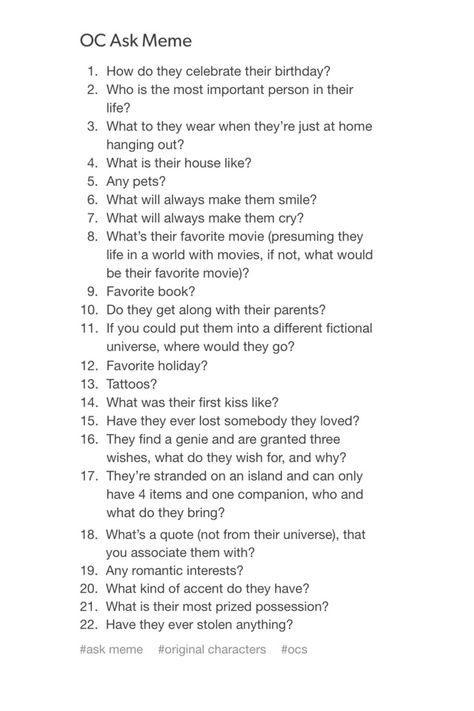 Character Question Sheet, Story Ideas For Ocs, Questions About Characters, Oc Questions Writing Prompts, Character Building Prompts, Questions To Ask Ocs, Goals To Give Characters, Things To Ask About Your Character, Questions To Ask Characters