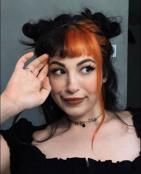 Two Colored Highlights, Dark Half And Half Hair, Split Bangs Dye, Black And Copper Split Dye, Front Color Block Hair, Black Hair Orange Bangs, Quadrant Dyed Hair, Halloween Peekaboo Hair, Dyed Bangs Only