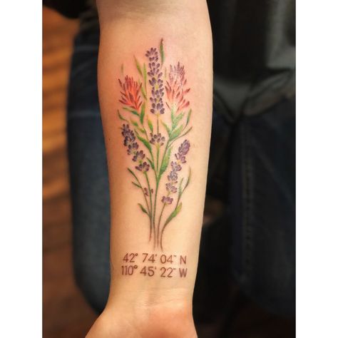 Wildflower Tattoo with coordinates Coordinates Tattoo With Flower, Washington Wildflowers Tattoo, Arkansas Wildflower Tattoo, Oklahoma Wildflowers Tattoo, Wyoming Wildflowers Tattoo, Texas Wildflower Tattoo Sleeve, Alaska Wildflowers Tattoo, Small Wildflower Tattoo Color, Montana Wildflowers Tattoo